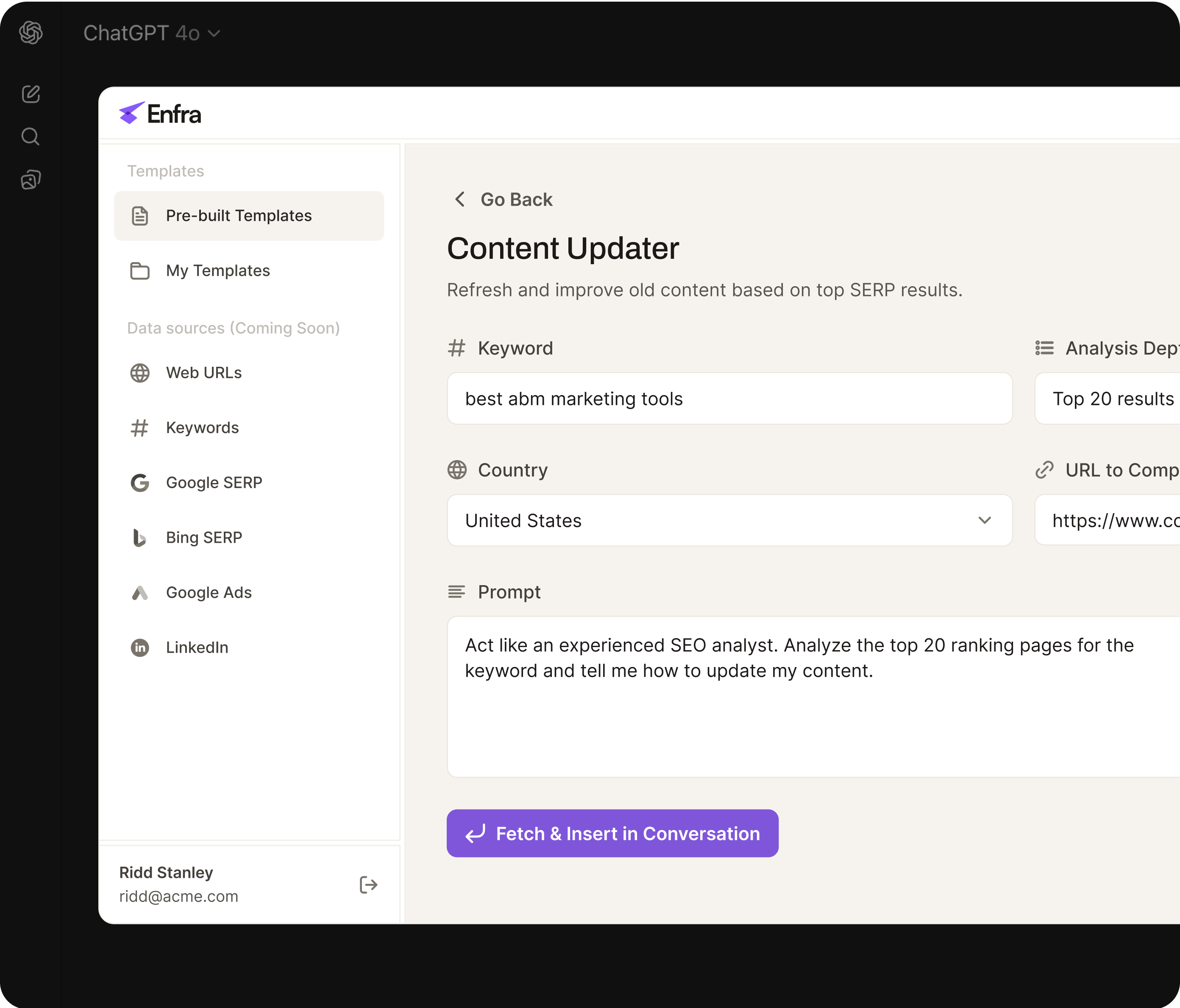 Built Templates interface showing ChatGPT integration